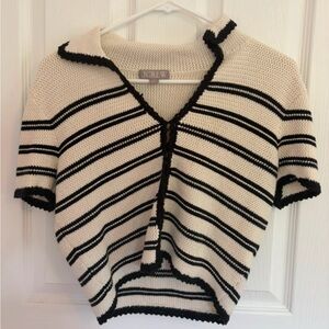J. Crew Cream and Black Striped Short-Sleeve Knit Sweater